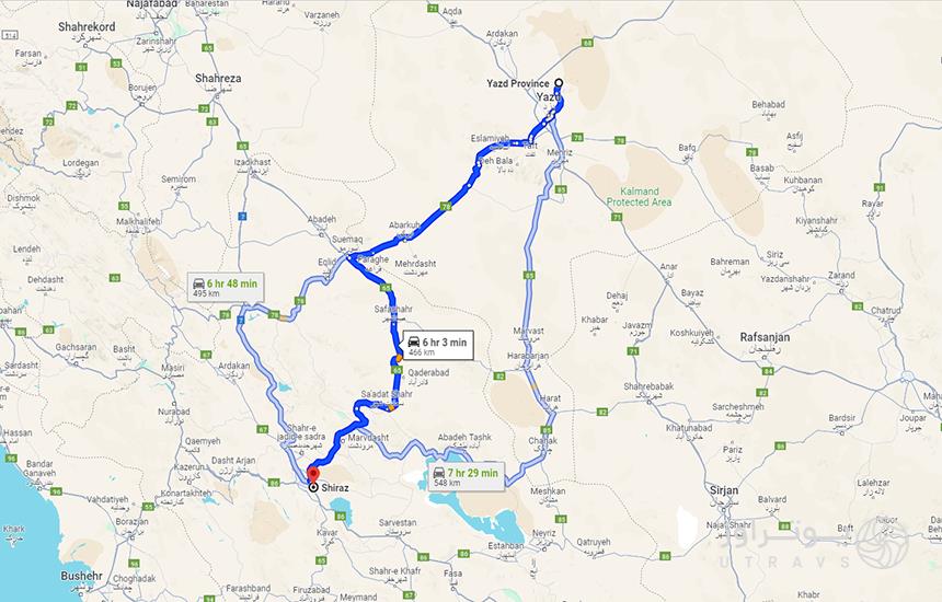 نقشه گوگل مپ؛ مسیر یزد به شیراز با ماشین